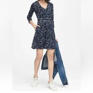 Banana Republic Blue Fit and Flare Mini Dress V-Neck Cuffed Sleeves